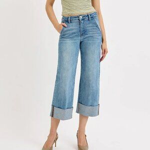 RISEN Full Size Tummy Control High Rise Ankle Wide Cuffed Jeans Plus Size